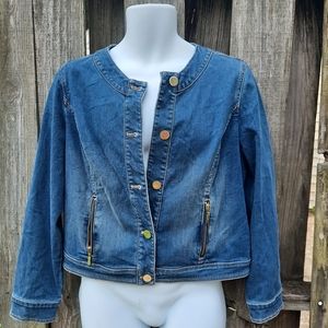 Chico's 1.0 Blue Denim Cotton Stretch Jean Jacket Sz 8 Med zip pockets buttons